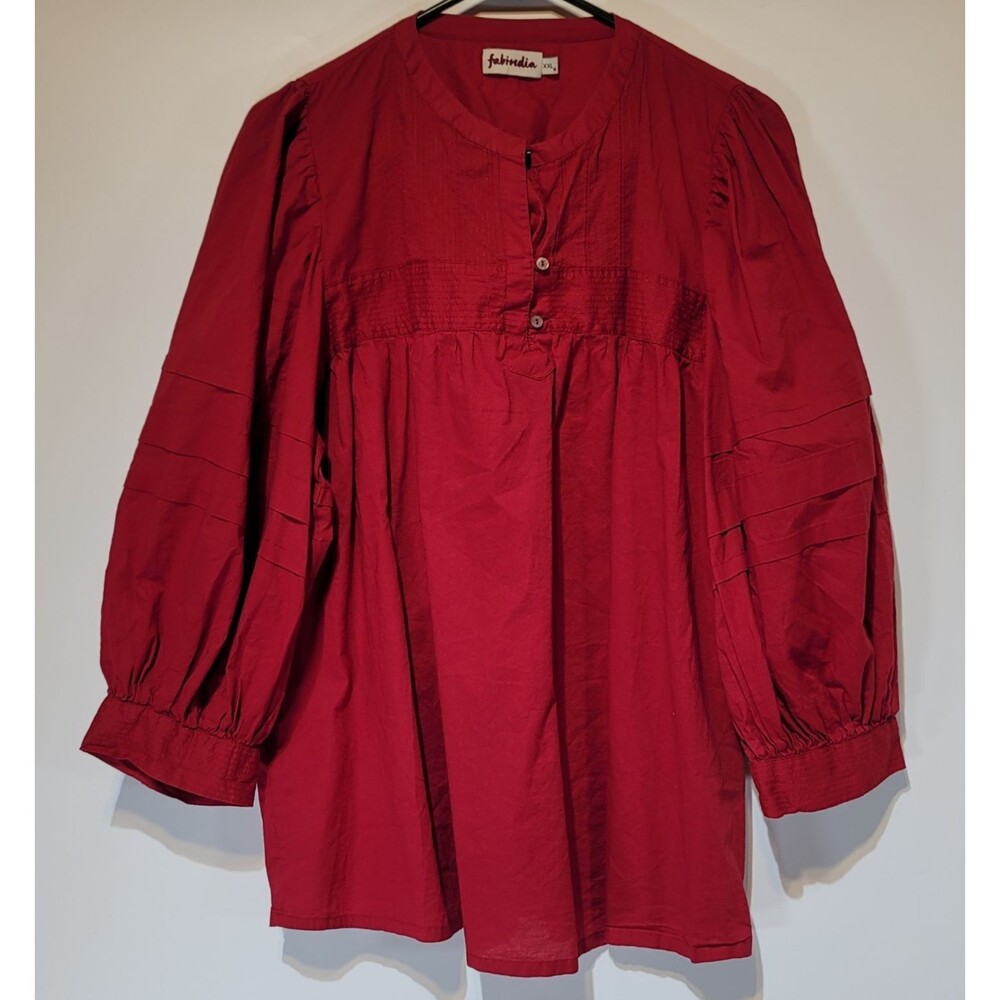 Fabindia Red 100% Cotton Boho Blouse Top Size XXL Balloon Sleeves
